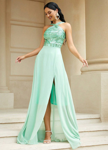 Зеленое вечернее платье с открытыми плечами, а-силуэт SHEIN однотонное