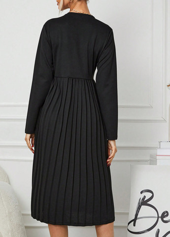 Черное кэжуал, деловое платье плиссированное SHEIN однотонное