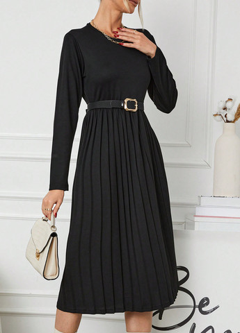 Черное кэжуал, деловое платье плиссированное SHEIN однотонное