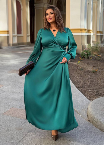 Бутылочное зеленое праздничный платье на запах No Brand однотонное