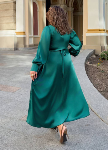 Бутылочное зеленое праздничный платье на запах No Brand однотонное