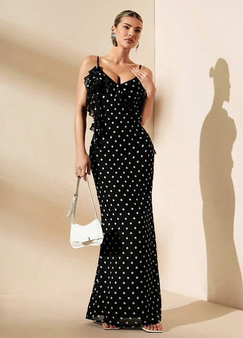 Чорно-білий вечірня сукня годе, з відкритою спиною SHEIN в горошок