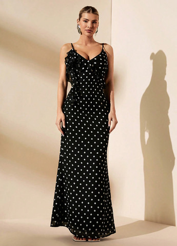 Чорно-білий вечірня сукня годе, з відкритою спиною SHEIN в горошок
