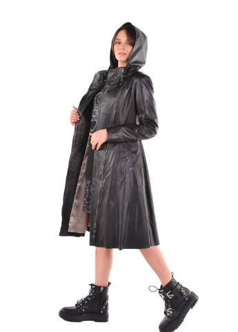 Черная зимняя куртка-плащ из натуральной яловой кожи Roksan