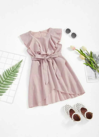 Розовое асимметричное платье на запах с поясом для девочек SHEIN (254456730)