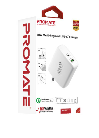 Сетевое зарядное устройство PowerCore-60 60Вт Type-C PD + USB QC3.0 White Promate powercore-60.white (185445534)