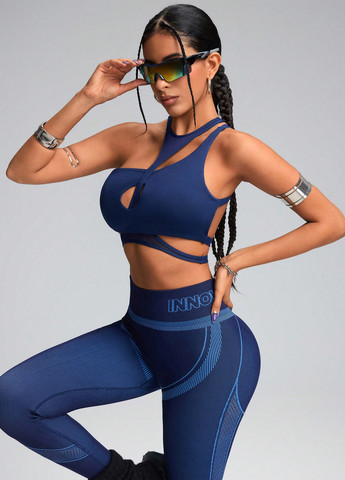 Тёмно-синий топ бюстгальтер SHEIN без косточек полиэстер