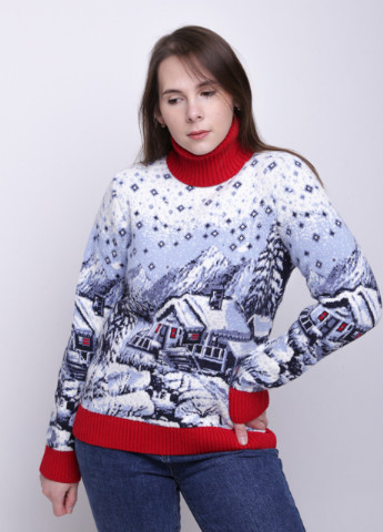 Красный зимний свитер женский красный зимний с домиками Pulltonic Прямая