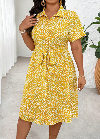 Жовтий кежуал сукня сукня-сорочка SHEIN з квітковим принтом