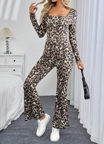 Комбинезон SHEIN комбинезон-брюки леопардовый светло-бежевый праздничный, вечерний, кэжуал полиэстер