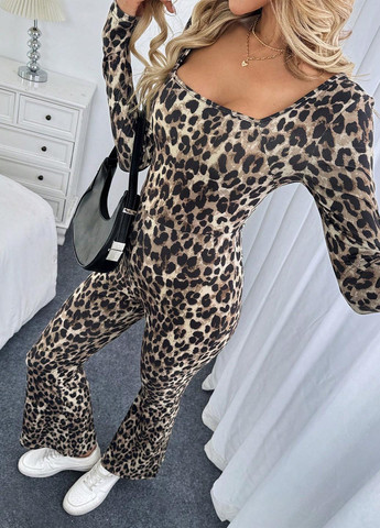 Комбинезон SHEIN комбинезон-брюки леопардовый светло-бежевый праздничный, вечерний, кэжуал полиэстер