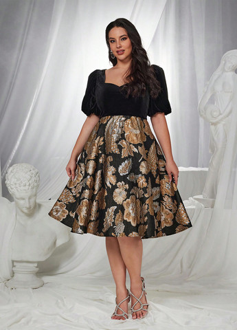 Чорна святковий, коктейльна сукня кльош SHEIN з малюнком