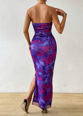 Комбинированное кэжуал платье силуэтная, с открытой спиной, с открытыми плечами SHEIN с абстрактным узором