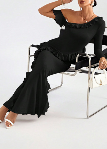 Чорна кежуал сукня з пишною спідницею SHEIN однотонна