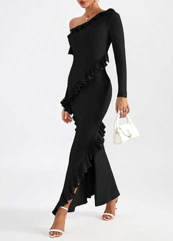 Чорна кежуал сукня з пишною спідницею SHEIN однотонна