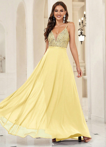 Жовтий вечірня сукня кльош, з відкритою спиною SHEIN однотонна