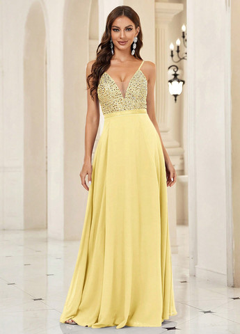 Жовтий вечірня сукня кльош, з відкритою спиною SHEIN однотонна