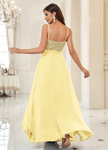 Жовтий вечірня сукня кльош, з відкритою спиною SHEIN однотонна