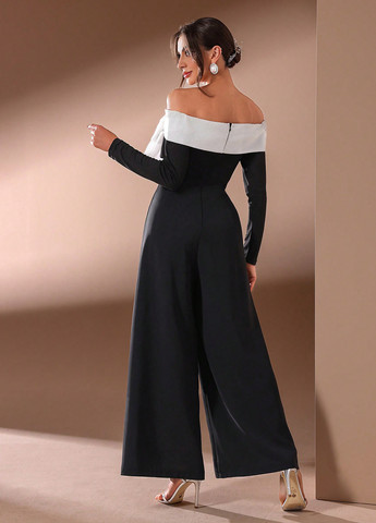 Комбинезон SHEIN комбинезон-брюки колор блок чёрный вечерний полиэстер