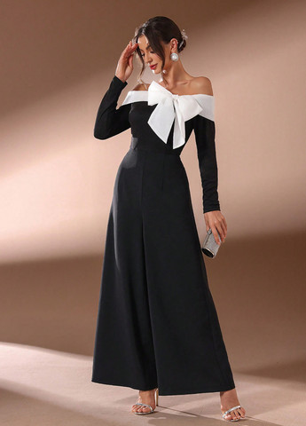 Комбинезон SHEIN комбинезон-брюки колор блок чёрный вечерний полиэстер