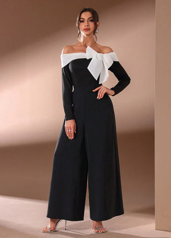 Комбинезон SHEIN комбинезон-брюки колор блок чёрный вечерний полиэстер