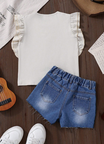 Кремовый летний комплект (футболка, шорты) SHEIN