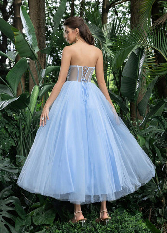 Голубое вечернее платье с пышной юбкой, с открытыми плечами, с открытой спиной SHEIN однотонное