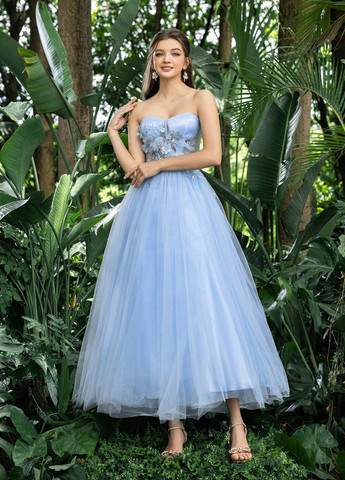 Голубое вечернее платье с пышной юбкой, с открытыми плечами, с открытой спиной SHEIN однотонное