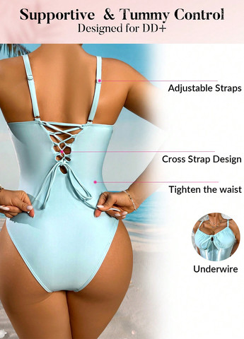 Світло-блакитний літній купальник суцільний, майо SHEIN