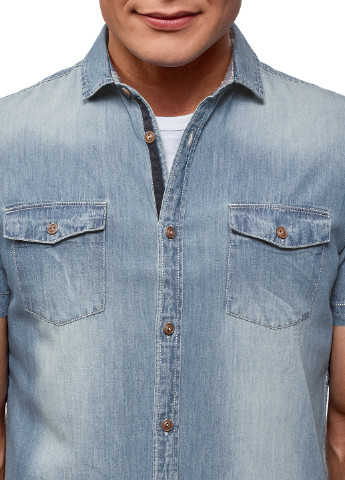 Голубой джинсовая рубашка однотонная Oodji с коротким рукавом