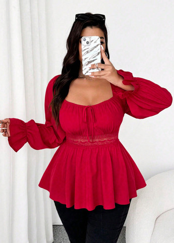 Темно-червона блуза з баскою SHEIN