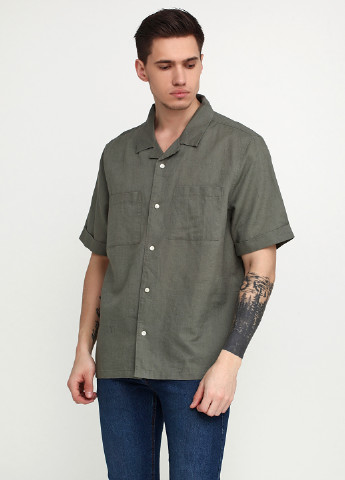 Серо-зеленая кэжуал рубашка однотонная H&M с коротким рукавом