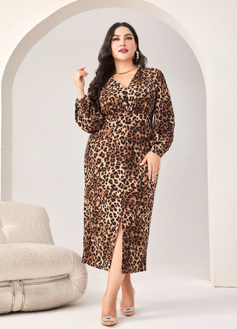Коричнева кежуал, святковий сукня SHEIN з тваринним принтом
