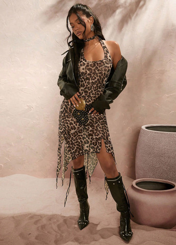 Бежевое вечернее платье с открытой спиной SHEIN леопардовый