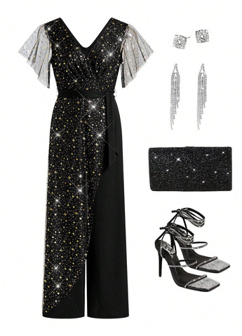 Комбінезон SHEIN комбінезон-брюки зірки чорний вечірній поліестер