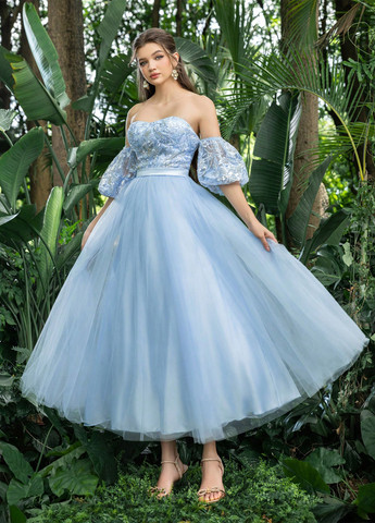 Блакитна вечірня сукня пачка, з відкритими плечима SHEIN однотонна