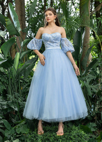 Блакитна вечірня сукня пачка, з відкритими плечима SHEIN однотонна