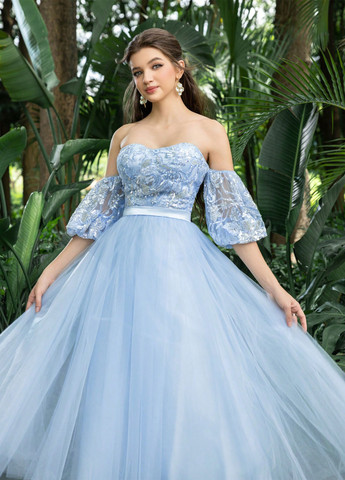 Блакитна вечірня сукня пачка, з відкритими плечима SHEIN однотонна