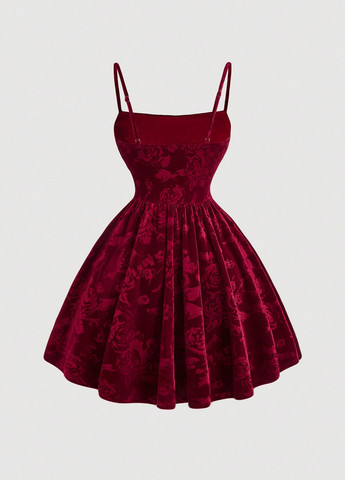 Темно-вишневое коктейльное, праздничный платье клеш, бандо, с корсетом, с открытыми плечами, с открытой спиной SHEIN однотонное