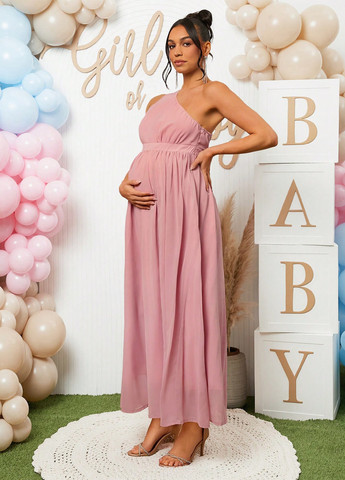 Розовое праздничный платье для беременных на одно плечо SHEIN однотонное