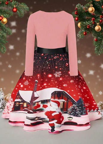 Розовое кэжуал платье а-силуэт SHEIN с новогодним принтом