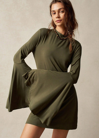 Оливковое (хаки) кэжуал платье клеш SHEIN однотонное