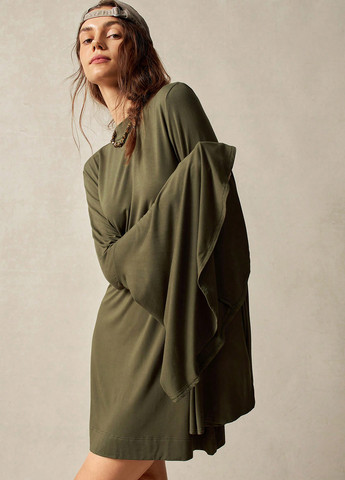 Оливковое (хаки) кэжуал платье клеш SHEIN однотонное