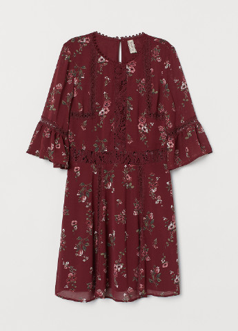 Бордовое кэжуал платье а-силуэт H&M с цветочным принтом