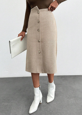 Бежевая кэжуал с геометрическим узором юбка SHEIN а-силуэта (трапеция)