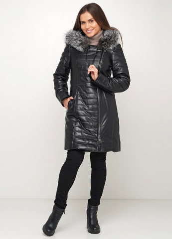 Черная зимняя куртка кожаная (мех лисы) Leather Factory