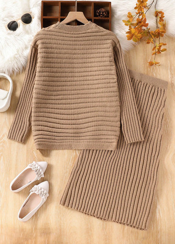 Кофейный демисезонный костюм (джемпер, юбка) юбочный SHEIN