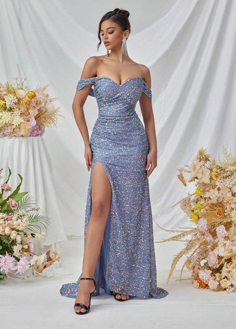 Блакитна вечірня сукня з відкритими плечима SHEIN однотонна