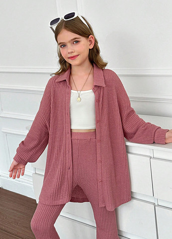 Рожево-коричневий демісезонний костюм (сорочка, штани) з сорочкою, брючний SHEIN