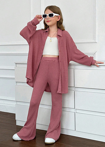 Рожево-коричневий демісезонний костюм (сорочка, штани) з сорочкою, брючний SHEIN